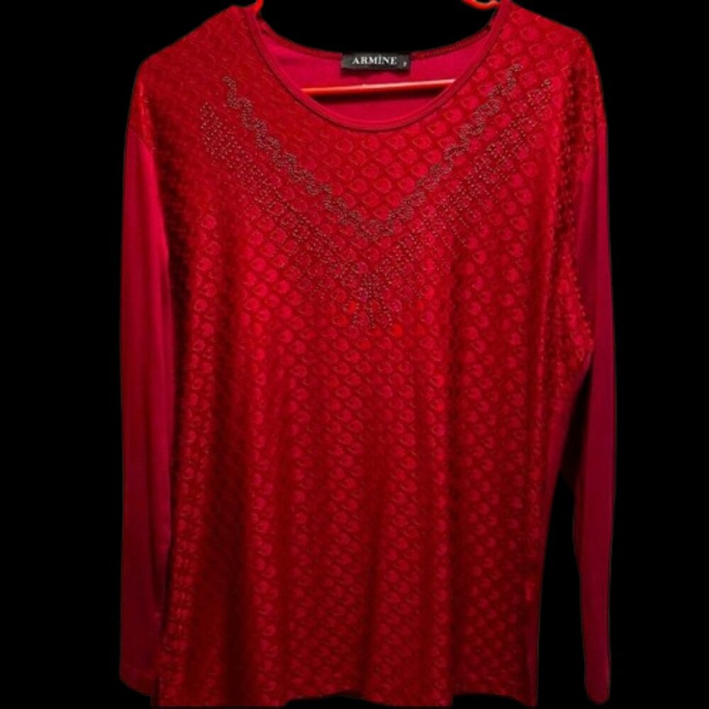 Regal red long-sleeved holiday shirt with rhinestones
